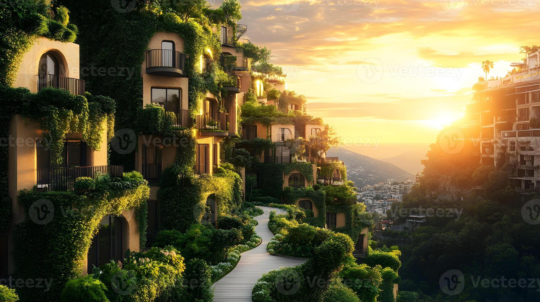 Spectacular hillside villa retreat at sunset, enveloped by lush greenery and tranquil scenery photo
