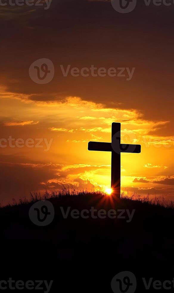 Silhouette of cross with sunset background displaying faith, hope, and christianity photo
