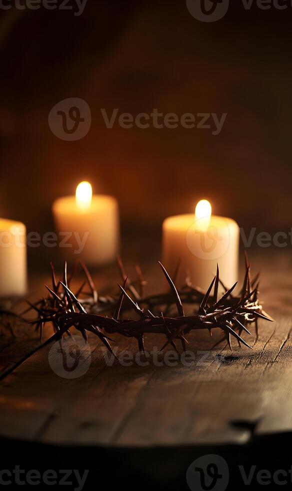 Crown of thorns and glowing candles on a wooden table, symbolizing sacrifice photo