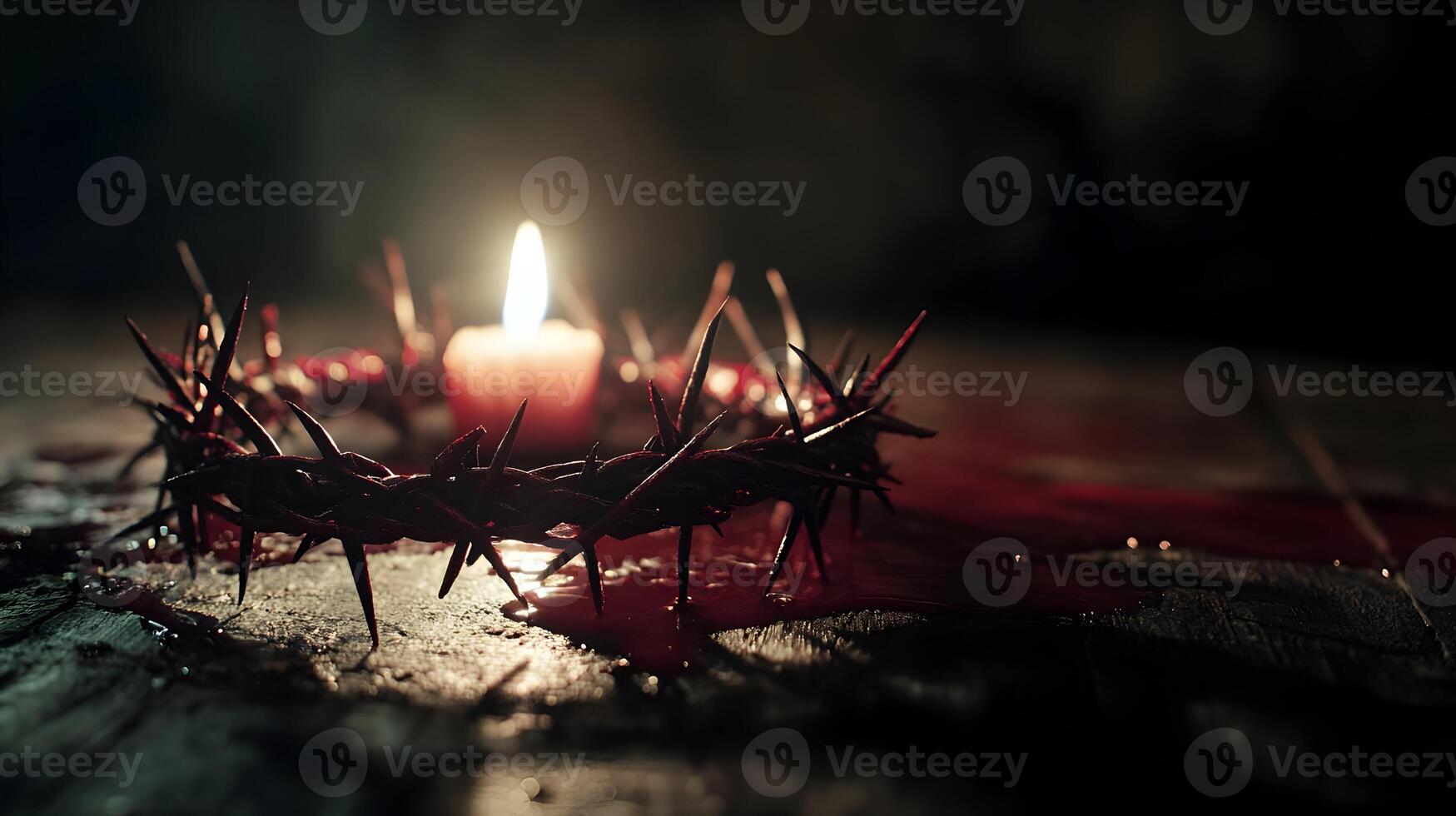 Candle light illuminates crown of thorns and blood, evoking themes of sacrifice and hope photo