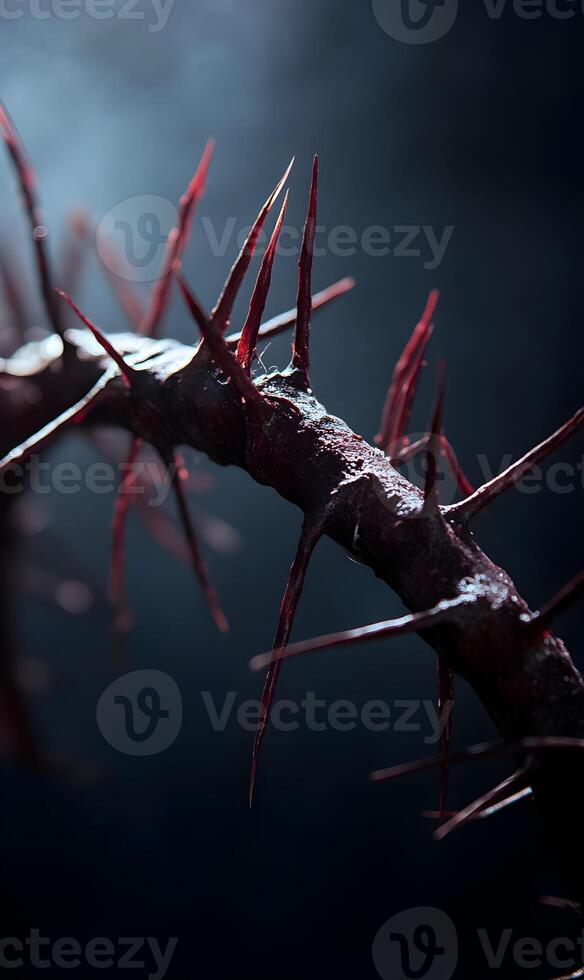 Dramatic close up of a crown of thorns, symbolizing sacrifice, suffering, and salvation photo