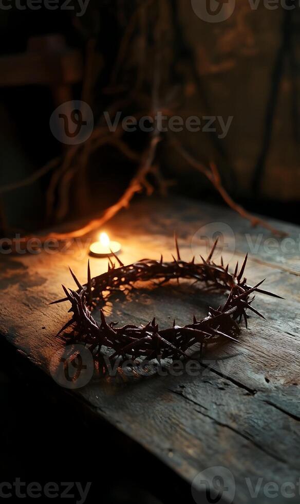 Crown of Thorns with Candlelight Illuminating on Wood Surface in Dramatic Lighting photo