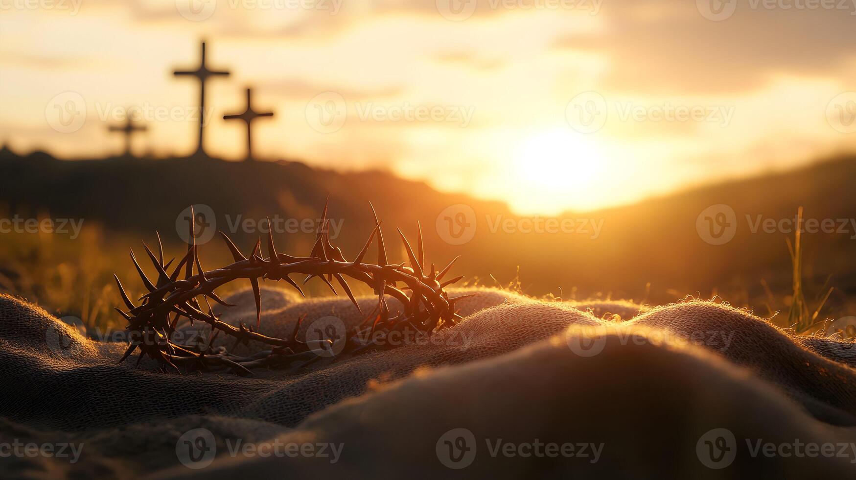Crown of Thorns and Three Crosses on Calvary Hill at Sunset Symbolizing Christian Faith photo