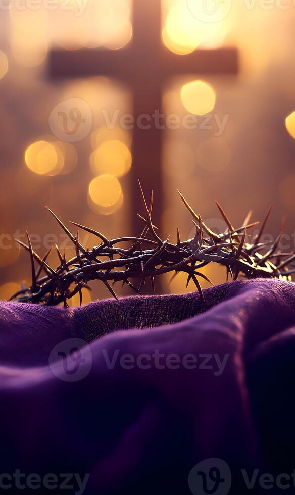 Crown of thorns resting on purple fabric with a blurred cross background display photo