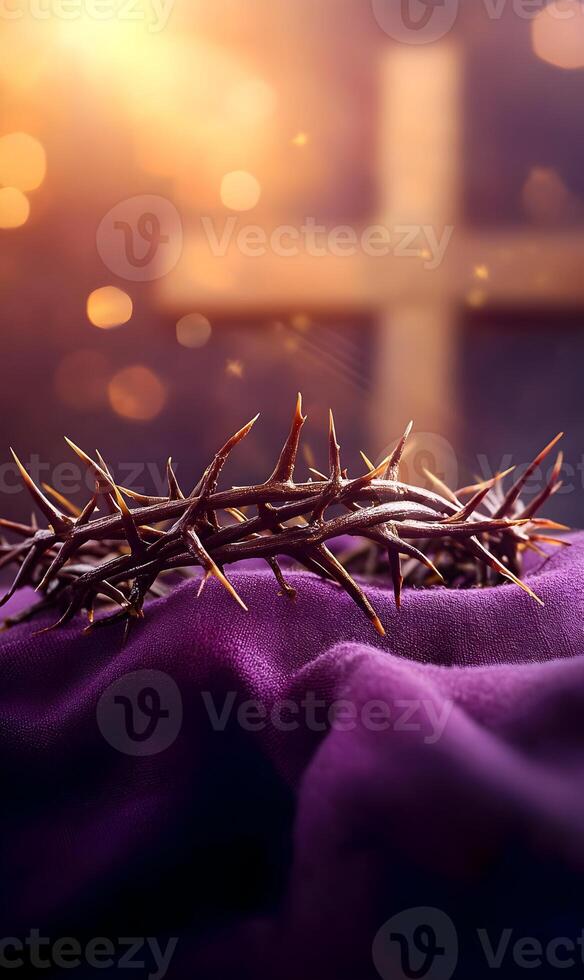 Crown of thorns with cross in background for lenten season and holy week concept photo