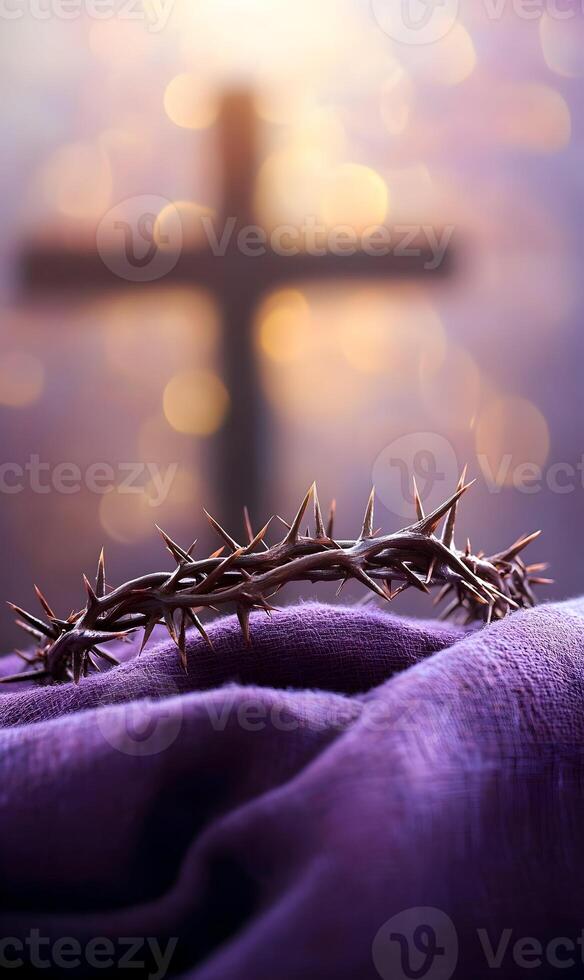 Dramatic image of a crown of thorns and cross symbolizing the crucifixion of Jesus photo