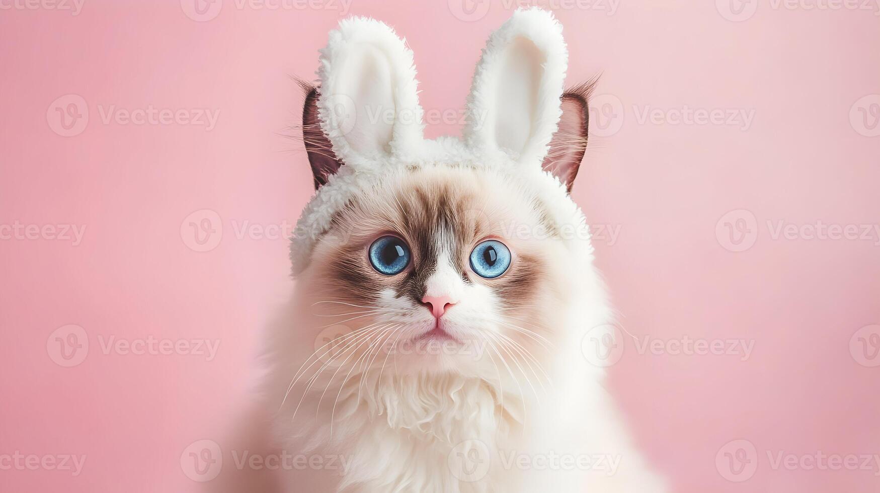 Adorable Ragdoll Cat with Bunny Ears on Pink Background, A Charming Easter Portrait photo