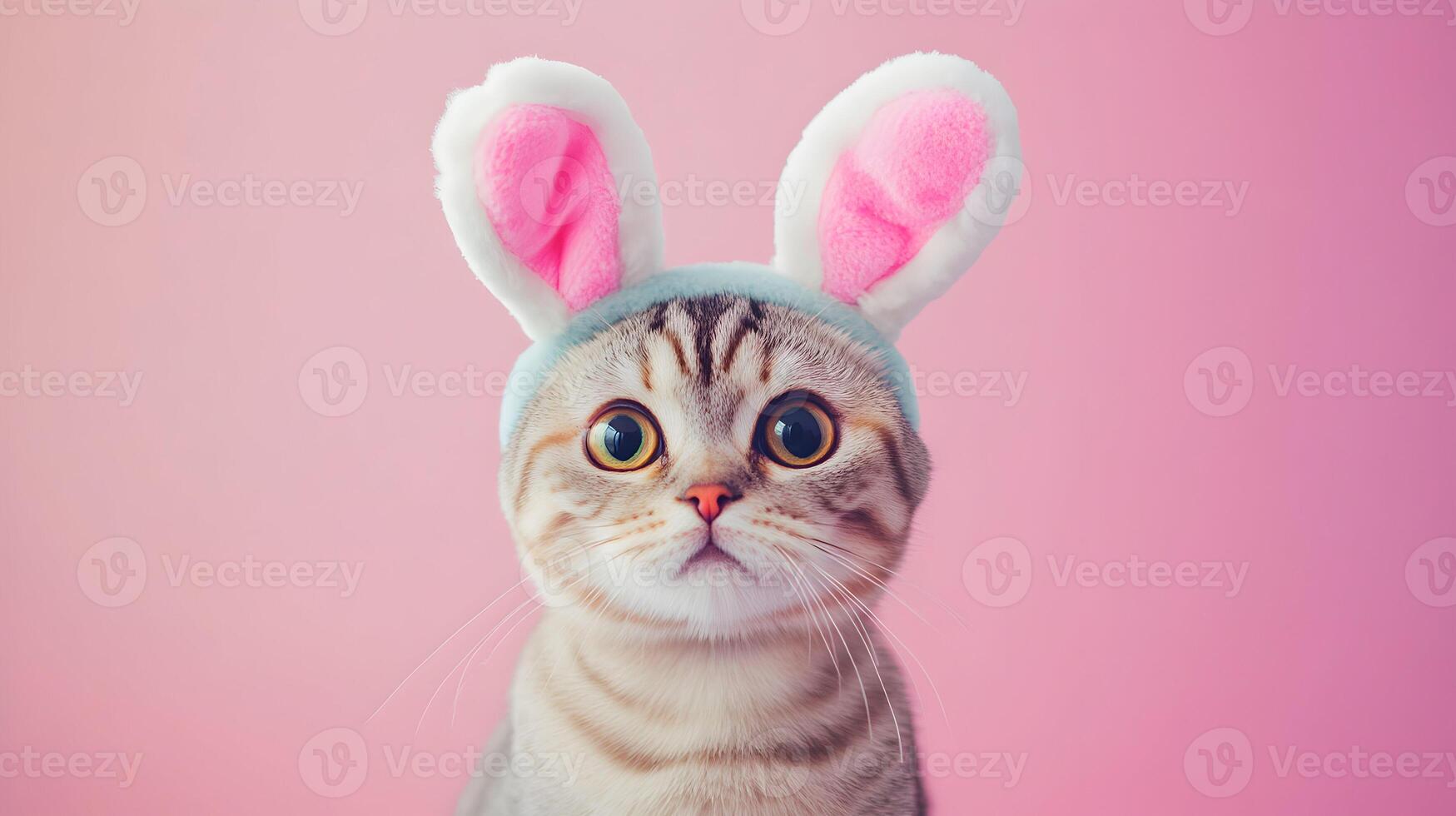 Charming feline dons bunny ears against a gentle pink backdrop capturing easter joy photo