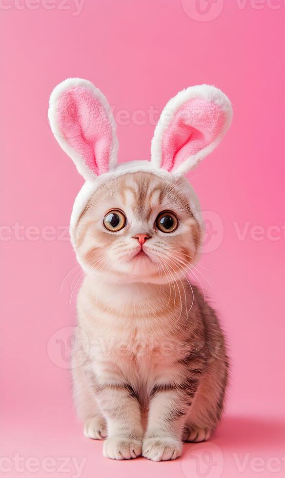 Adorable kitten with bunny ears on a pink background perfect for easter celebrations photo