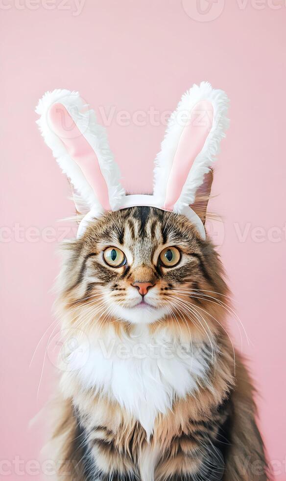 Adorable norwegian forest cat with fluffy bunny ears against a pastel pink backdrop photo