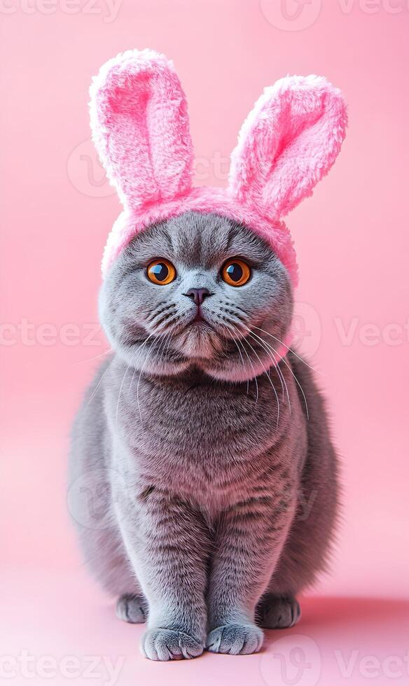 Adorable scottish fold cat with bunny ears on pink background for easter celebration photo