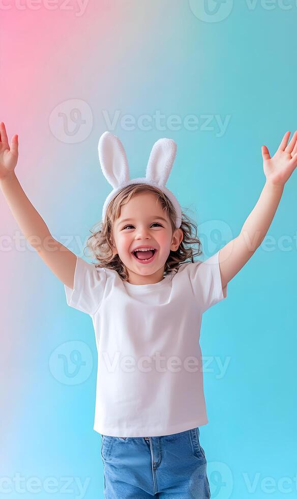 Joyful little girl with bunny ears celebrating Easter on vibrant gradient background photo