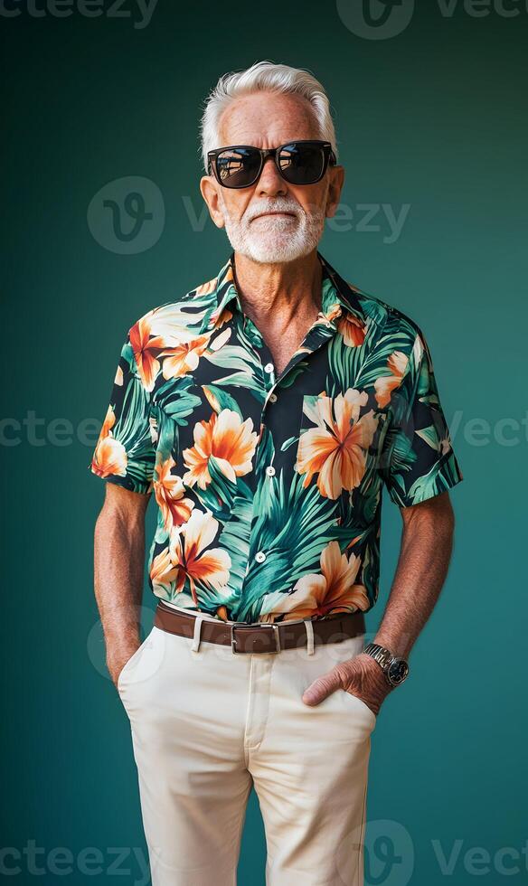 Stylish senior man with sunglasses and floral shirt posing against a vibrant background photo