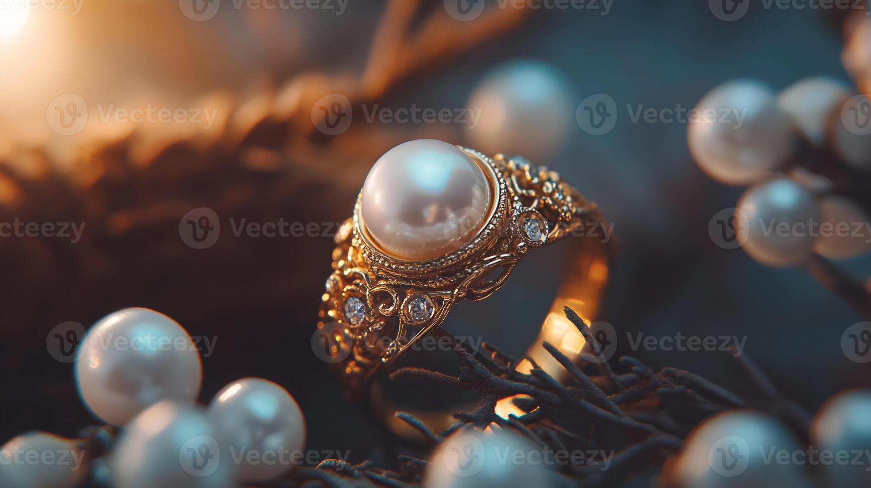Elegant pearl ring with intricate gold details and delicate pearl accents around photo
