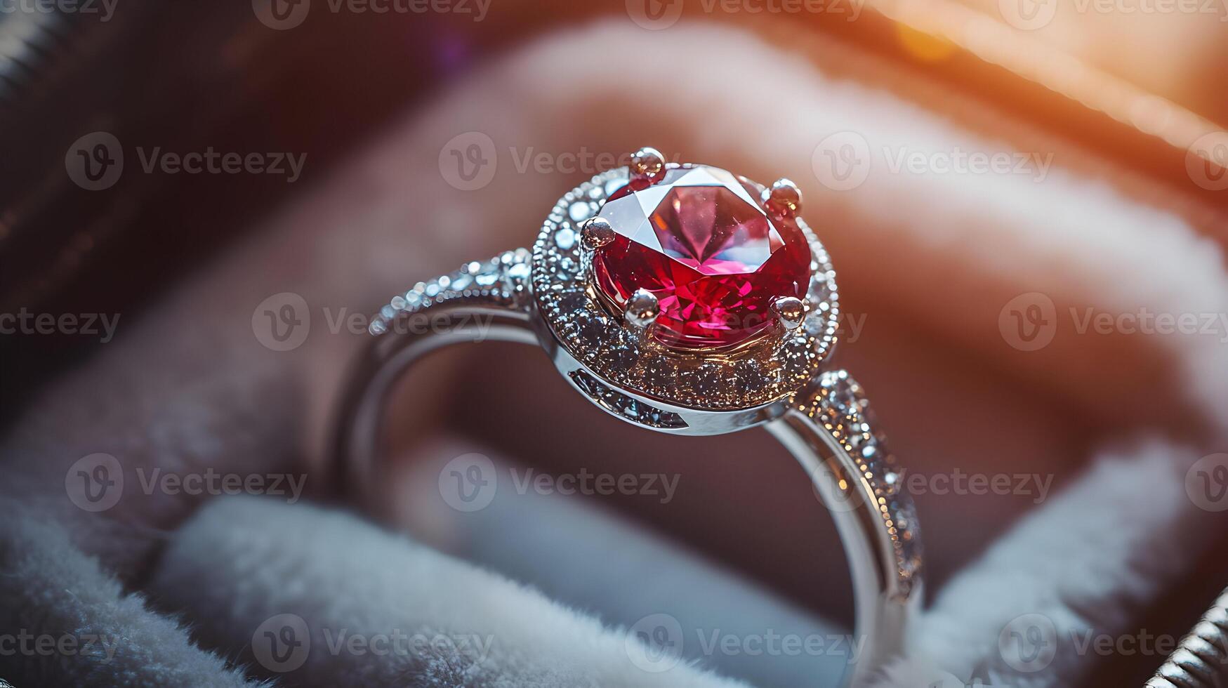 Close-up of an elegant silver ring adorned with sparkling diamonds and a ruby center stone photo