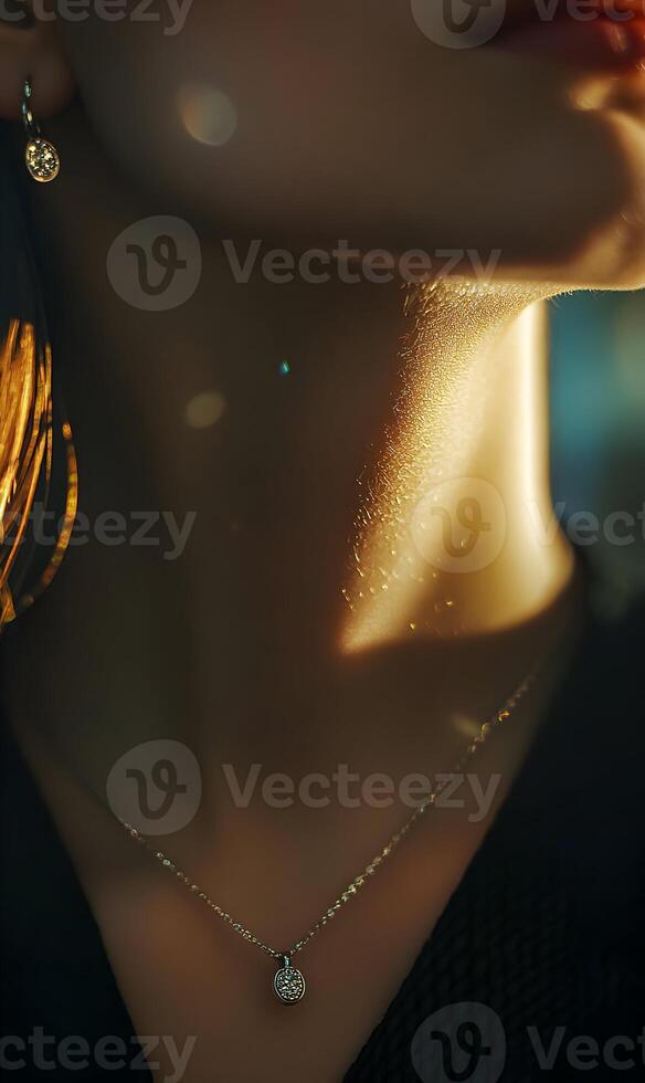 Elegant Portrait Highlighting Delicate Jewelry and Warm Lighting on Woman's Skin photo