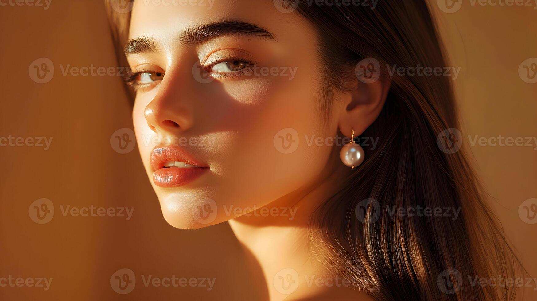 Close-up portrait of a woman with flawless skin wearing pearl earrings in warm sunlight photo