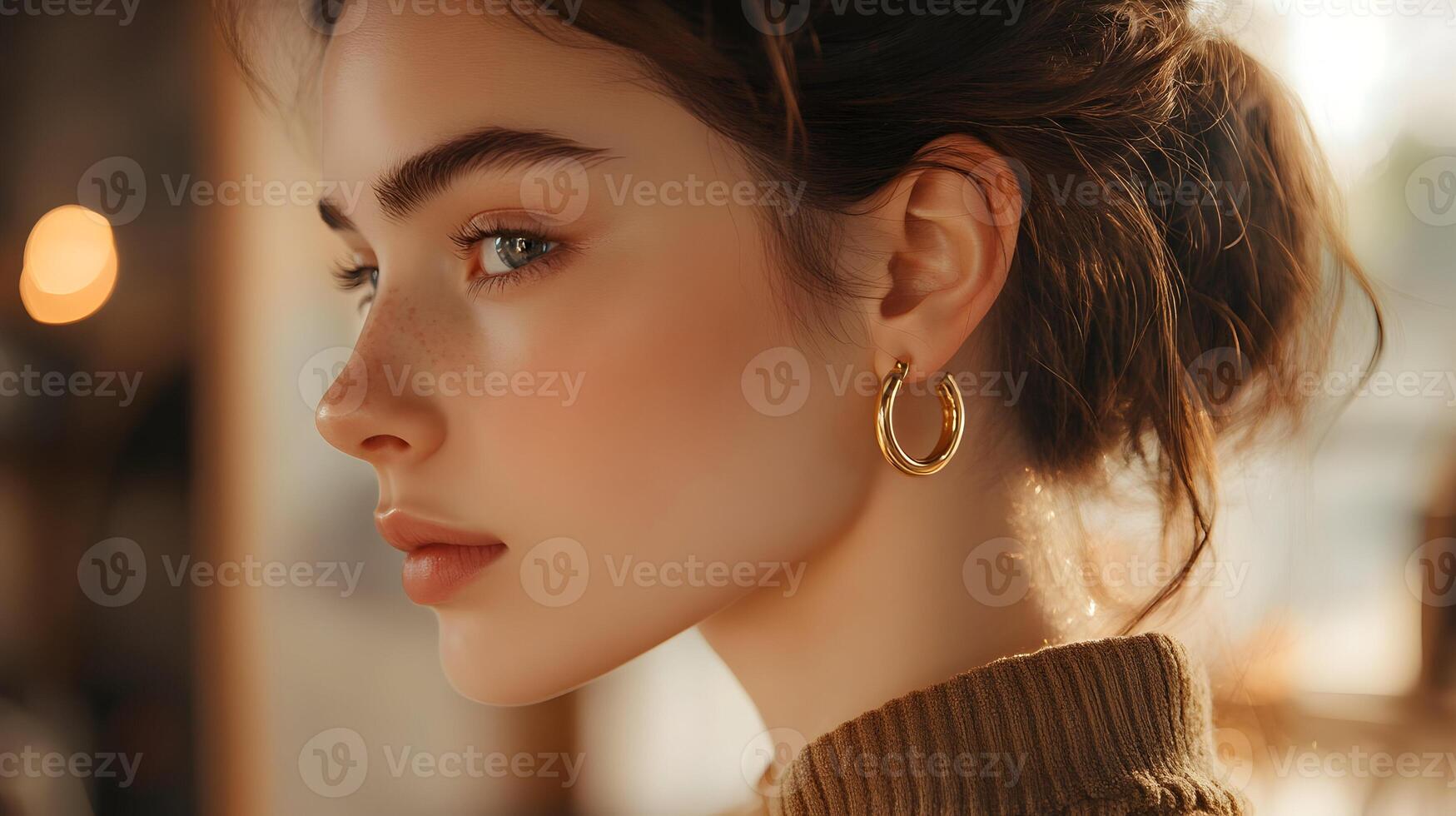 Close-up portrait showcasing a young woman's elegant features and golden hoop earrings photo