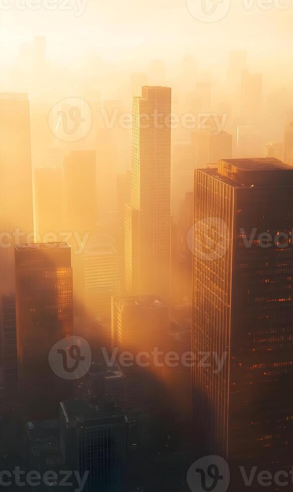 Cityscape bathed in golden light, skyscrapers pierce through soft hazy atmosphere photo