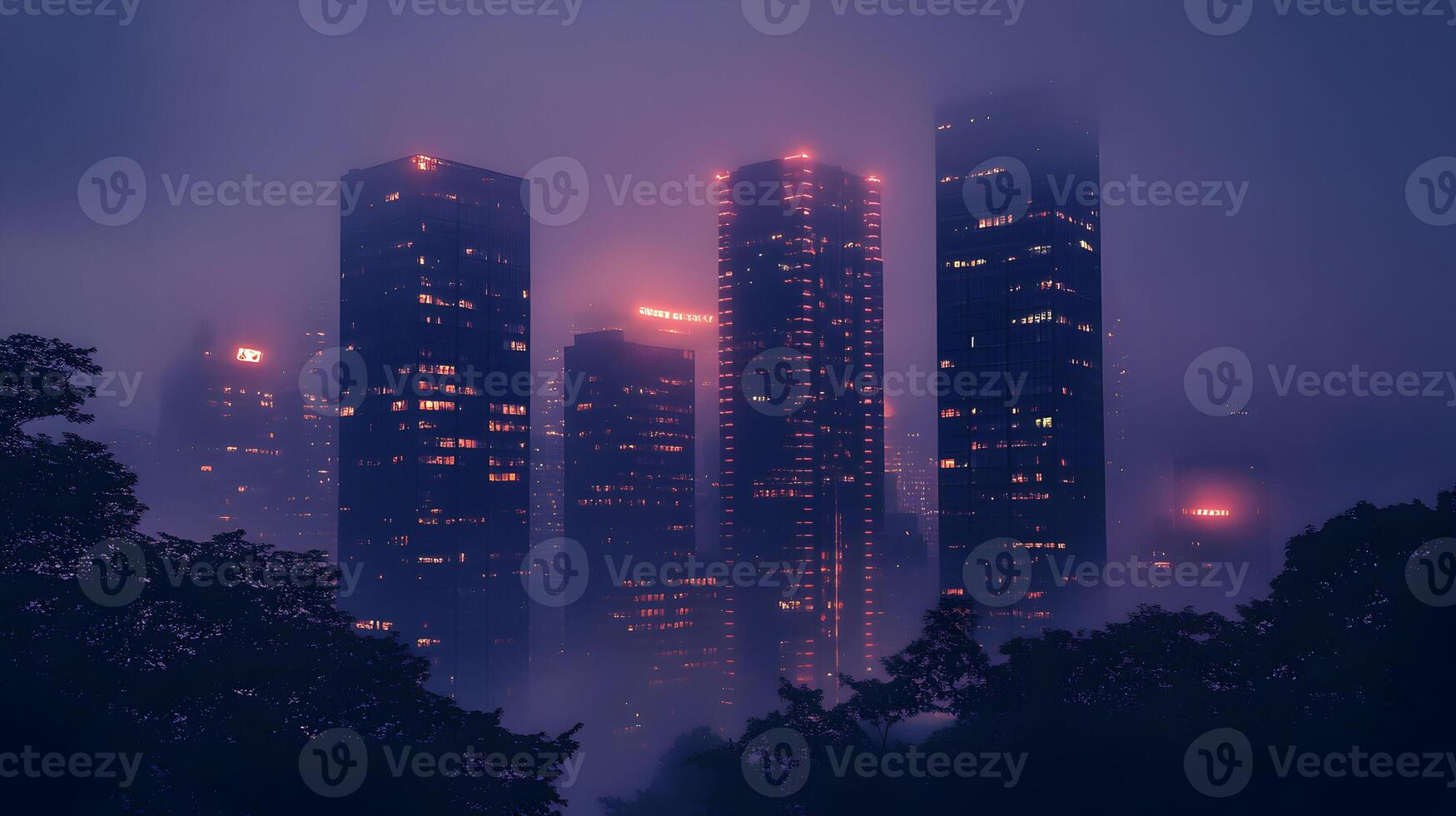 Captivating cityscape at night shrouded in mysterious fog with vibrant neon lights photo