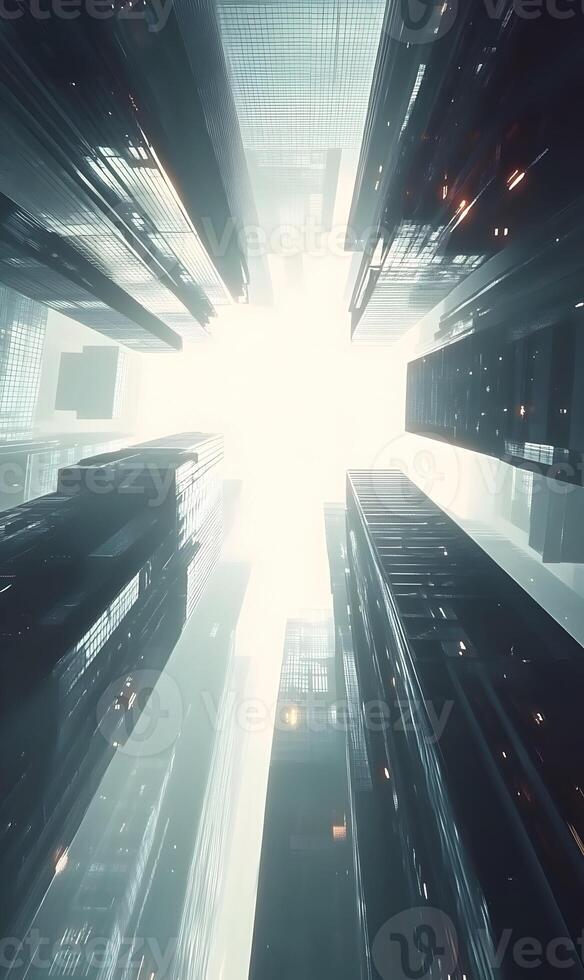 A Captivating Low-Angle View of Futuristic Skyscrapers Reaching Towards a Radiant Horizon photo