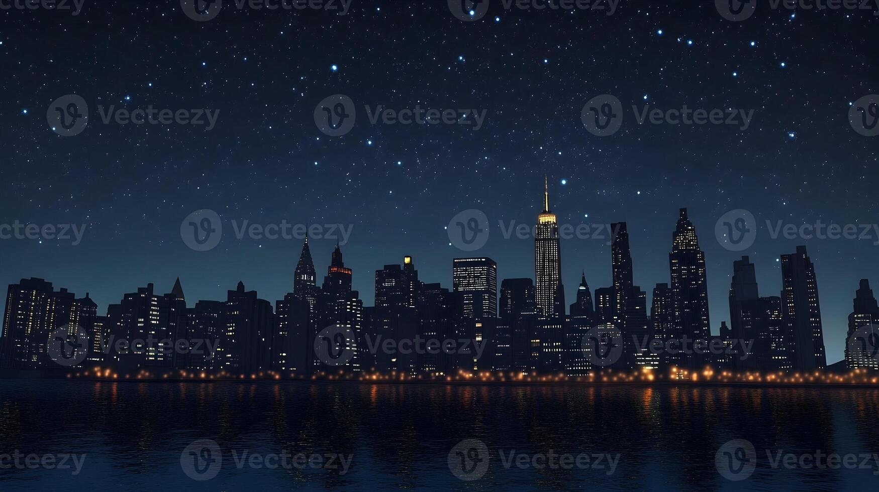 Nighttime Cityscape with Stars, A Stunning View of Illuminated Skyscrapers photo
