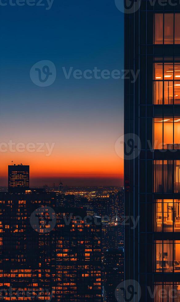 Panoramic View of New York City Skyline at Sunset with Illuminated Buildings and Gradient Sky photo