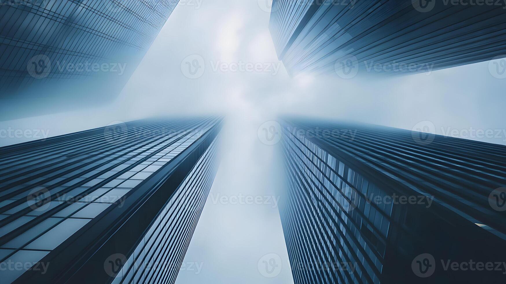 Modern skyscrapers pierce through the dense fog, creating a dramatic cityscape view photo