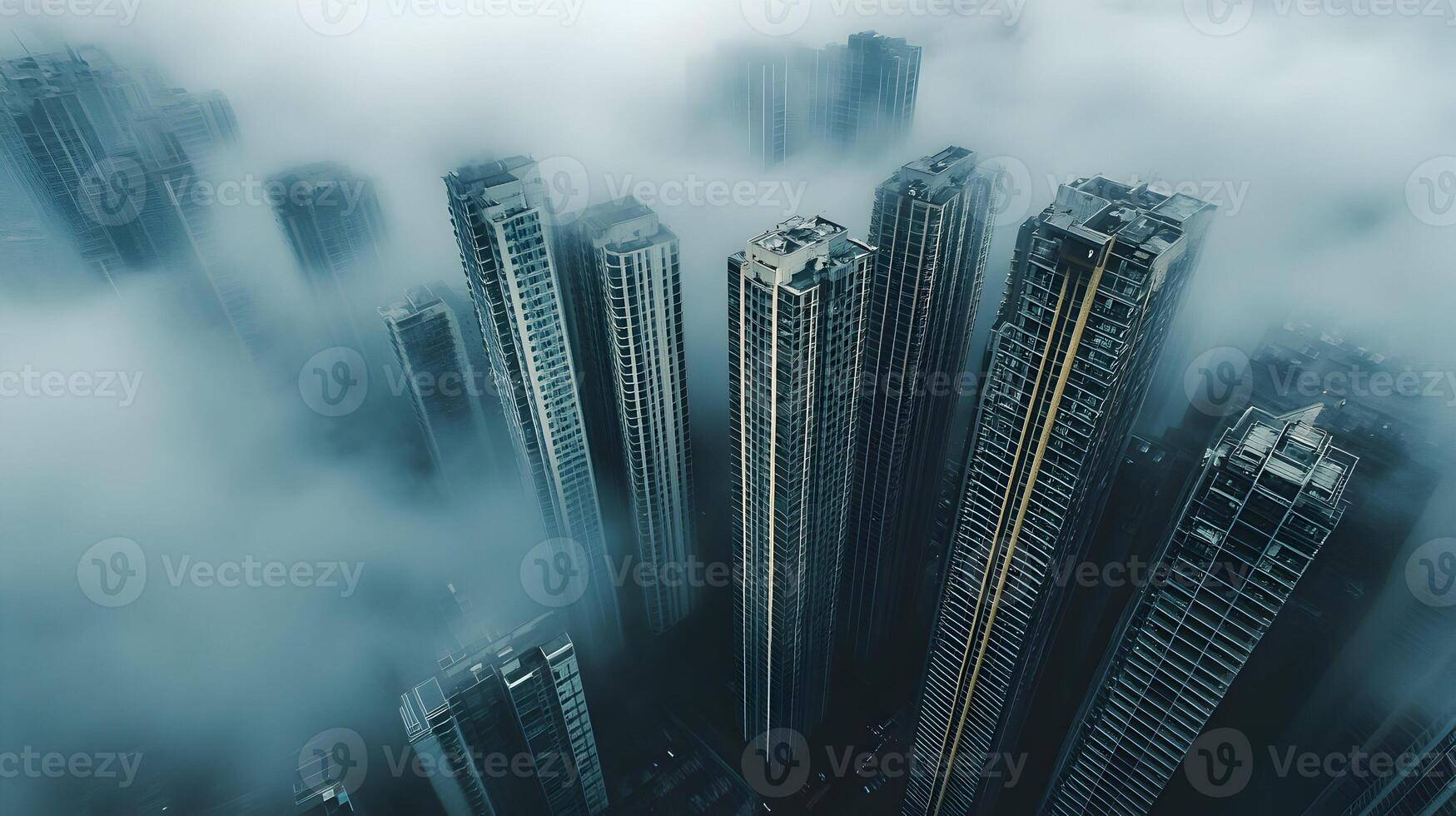 aéreo ver de rascacielos envuelto en grueso niebla crea un misterioso urbano paisaje foto
