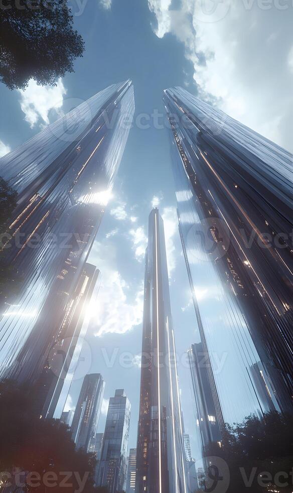 Dramatic perspective of gleaming skyscrapers reaching towards a bright, cloudy sky photo
