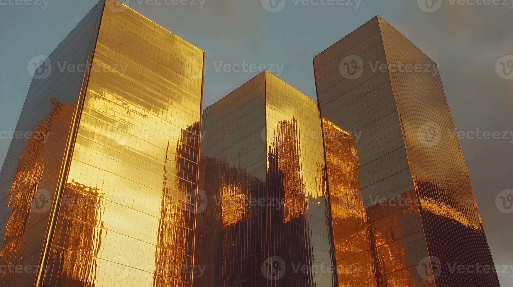 Golden reflections on skyscrapers, modern architecture with gold glass facades during sunset photo
