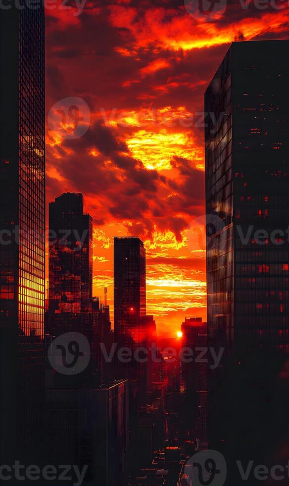 Spectacular fiery sunset over urban skyline with skyscrapers creating striking contrast photo