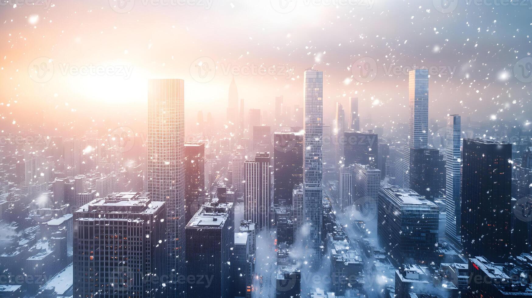 Winter cityscape aerial view with snow falling over skyscrapers at daytime photo
