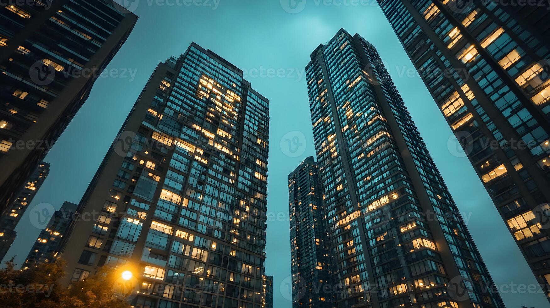 espectacular ver de iluminado alto subir edificios en contra crepúsculo cielo a oscuridad foto