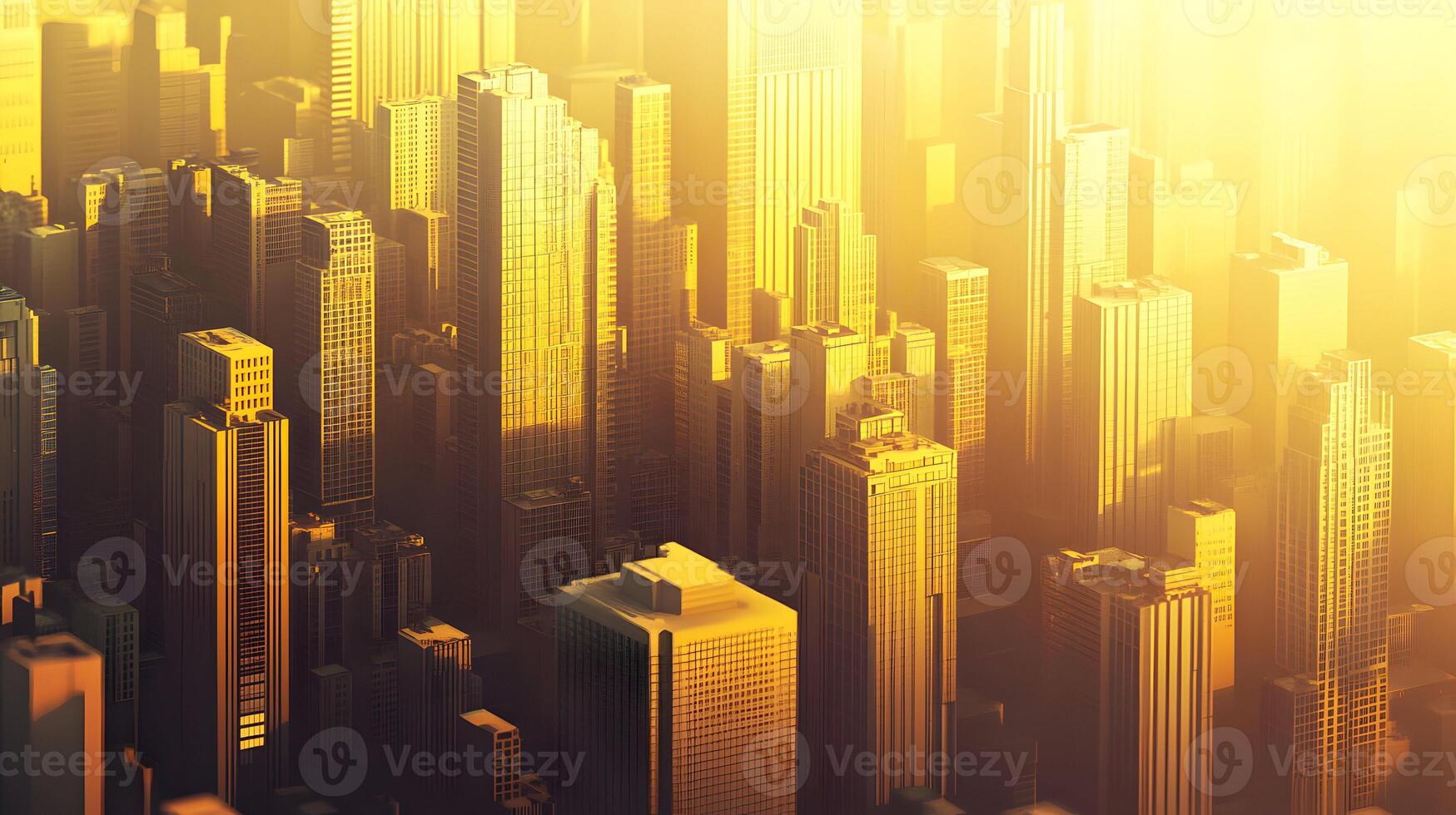Golden metropolis aerial view with skyscrapers bathed in warm light for urban development photo