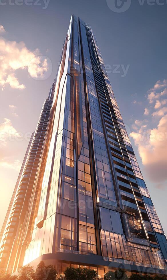 Modern Skyscraper Reaching Skyward, Reflecting Sunlight on Glass Facade, Architectural Marvel photo