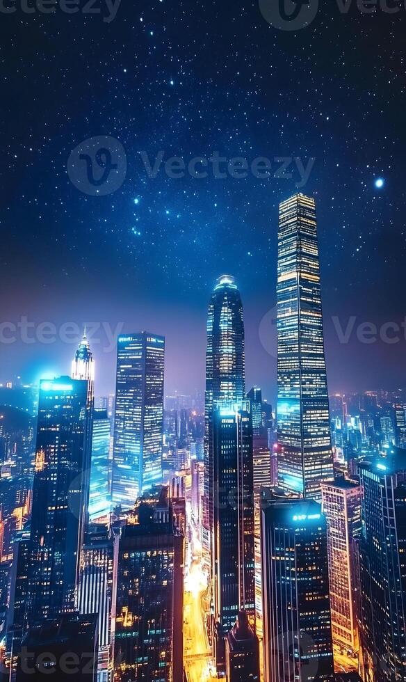 Spectacular Night View of Urban Skyline Under Starry Sky, Illuminated Metropolis at Night photo