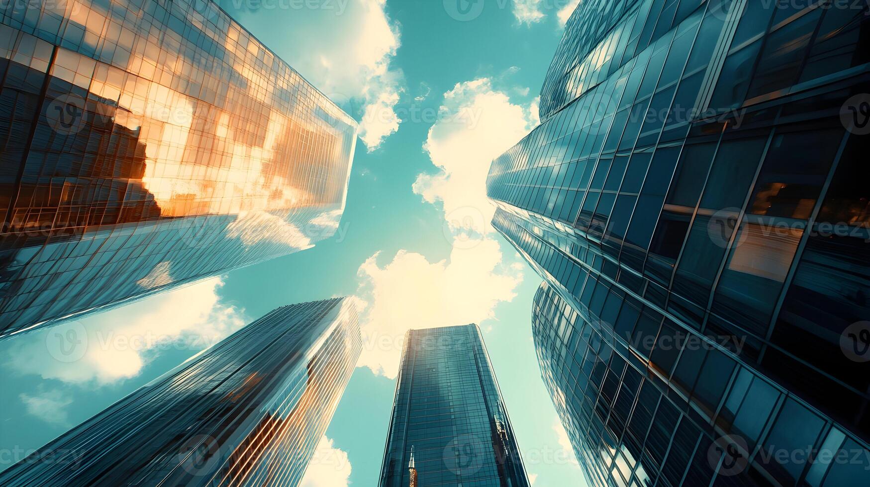 rascacielos alcanzando alto dentro el azul cielo reflejando luz de sol y blanco mullido nubes foto