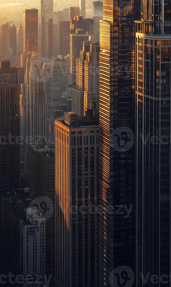 dorado hora se baña el rascacielos de nuevo York ciudad en calentar matices exhibiendo urbano belleza foto