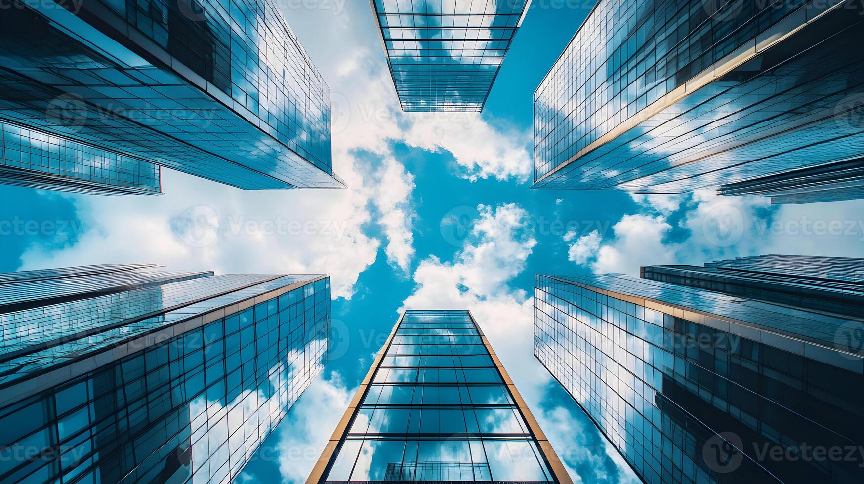 moderno oficina edificios alcanzando dentro el cielo, reflejando el azul cielo y blanco nubes foto
