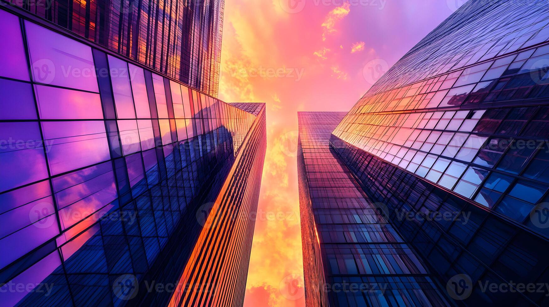 espectacular ver de imponente rascacielos reflejando vibrante puesta de sol colores en vaso fachadas foto