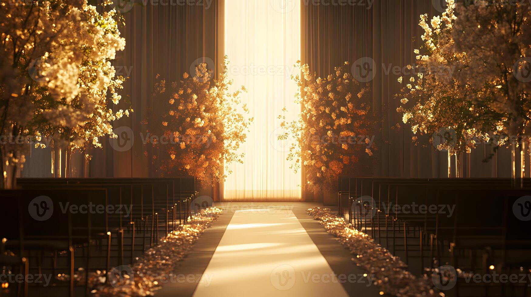 An elegant aisle adorned with golden flowers for a perfect wedding celebration scenery photo