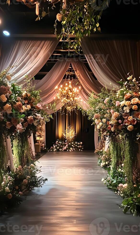 Aisle adorned with floral arrangements and soft drapery creating a romantic ambiance photo