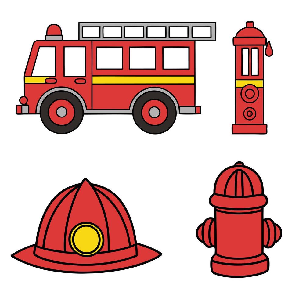 fire truck, fire hydrant and fire helmet icon set vector
