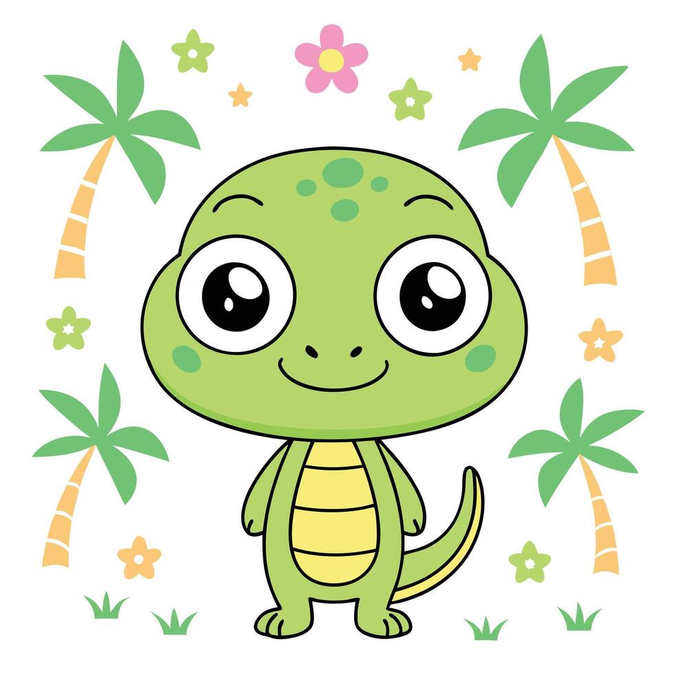 cute cartoon lizard with flowers and palm trees vector