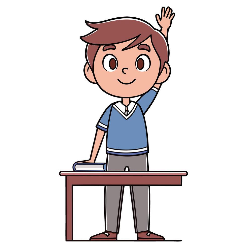 a boy raising his hand in front of a desk vector