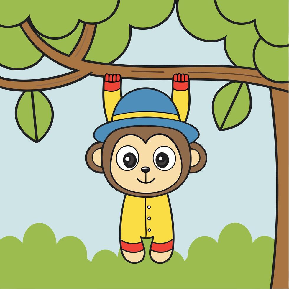 monkey in a hat hanging on a tree vector