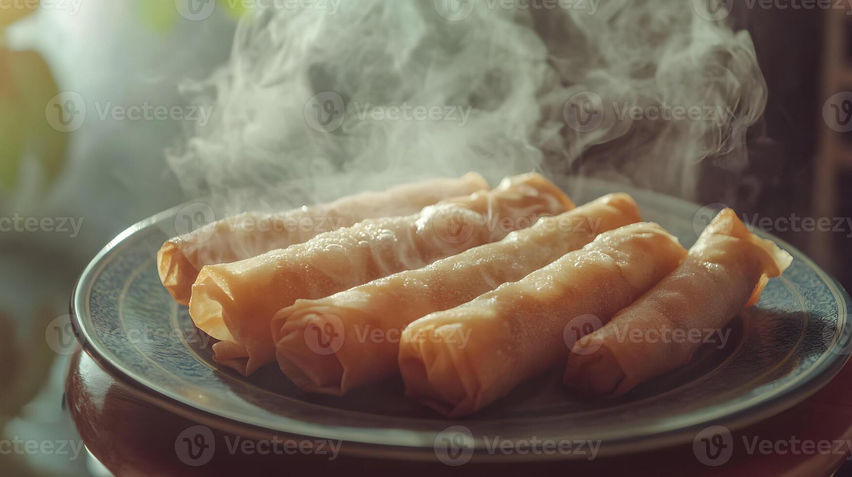 Delicious and Steaming Spring Rolls, Fresh Asian Cuisine on a Decorative Plate photo