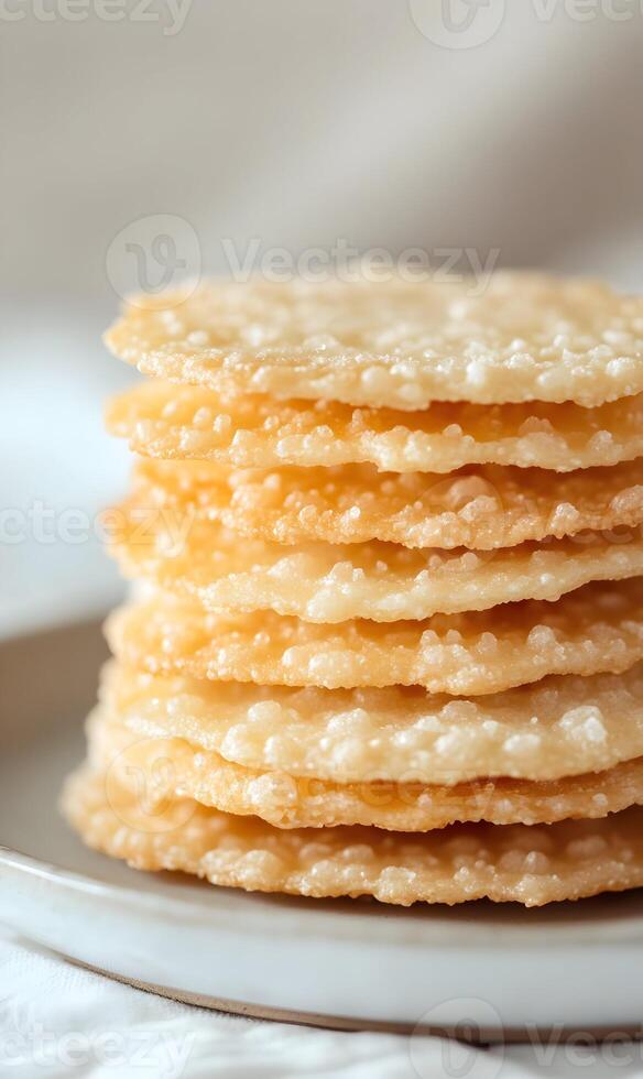 Delicious Stack of Golden Rice Crackers Ready to Eat, Perfect for Snacking and Dipping photo
