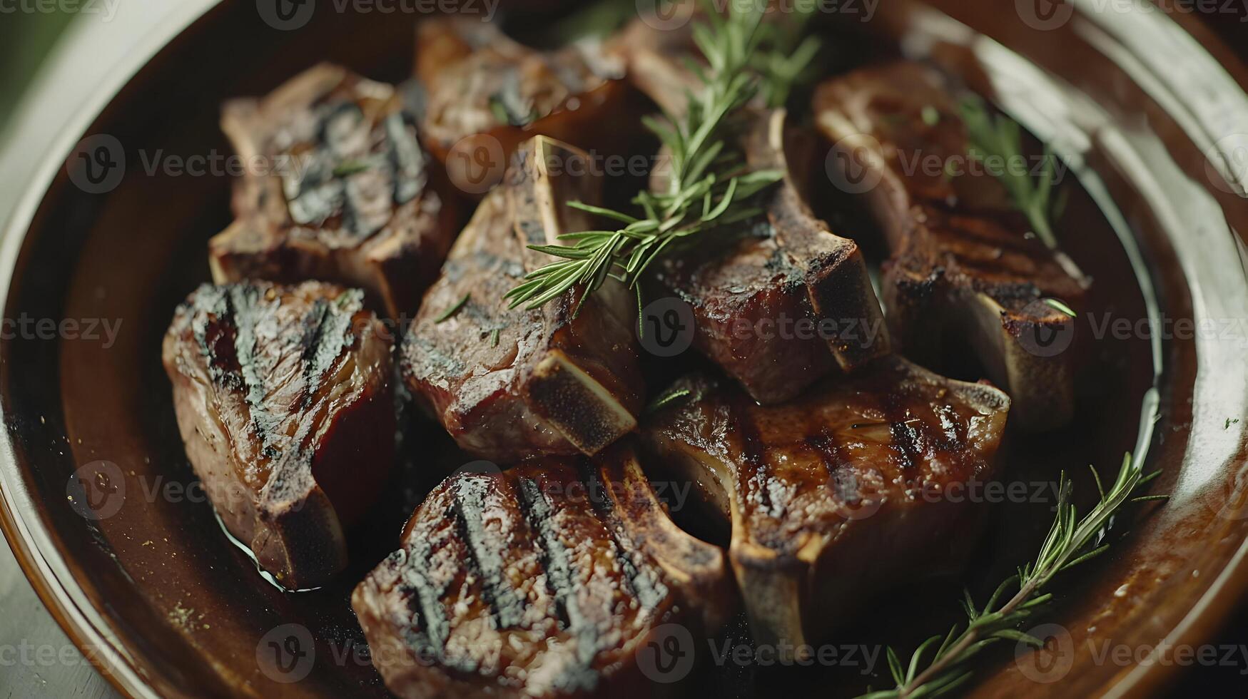 Delicious grilled lamb chops seasoned with rosemary on a plate, ready to be served. photo